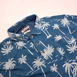 Johnnie-O Hangin Out Mens Indigo Blue Palm Tree Cotton Slub Polo Shirt Large